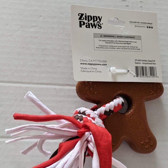 Zippy Paws Zippytuff Teether Gingerbread Man with Rope Teething Toy - Picture 6 of 6